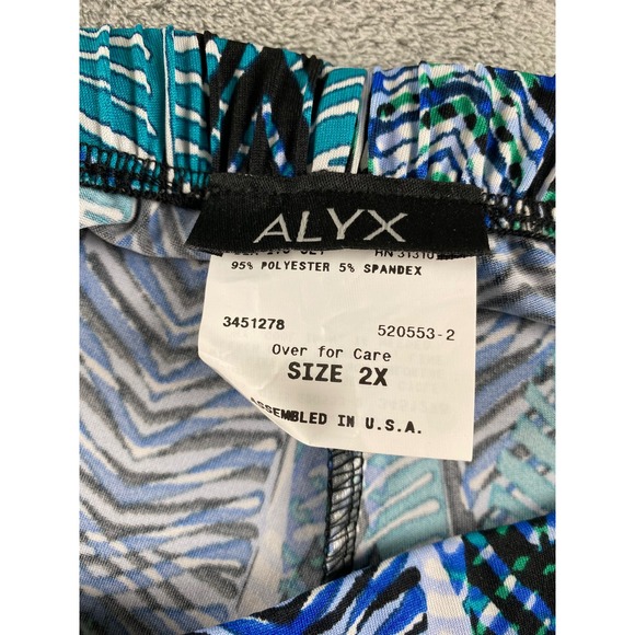 ALYX Women's Sz 2X Wide Leg Palazzo Pants Blue Green Feather Print Elastic Waist - Picture 4 of 12